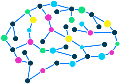 Illustration of a collection of dots with connected by lines in the shape of a brain representing RentBot's AI tools.