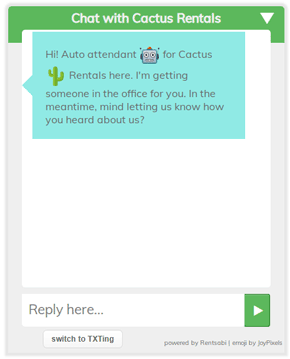 A screen capture of a web chat widget that has a message from RentBot displayed to the user.